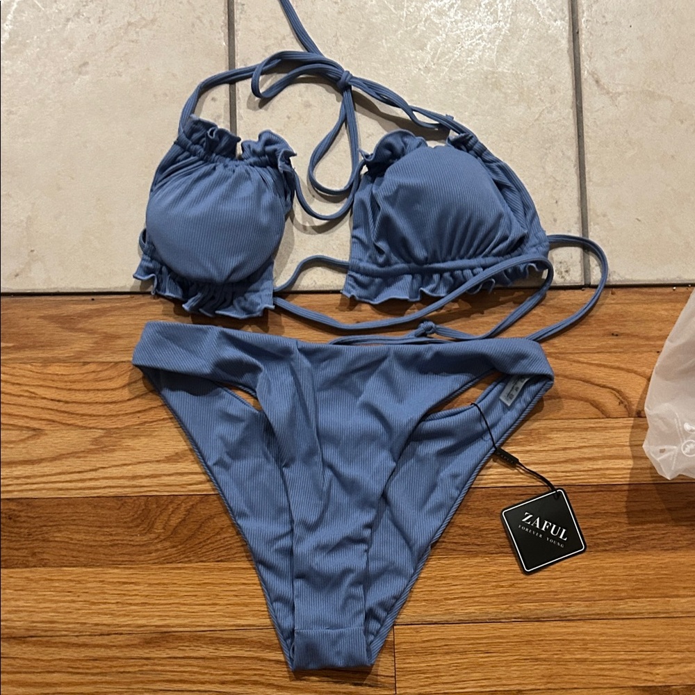 Zaful Dusty Blue Ruffled Bikini